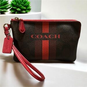 COACH EUC Varsity stripe Corner Zip Wristlet Brown,True Red